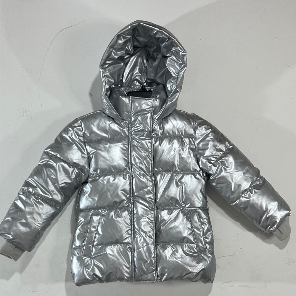 Gap Kids Girls Silver Metallic Puffer Jacket Hooded Coat XS 4-5